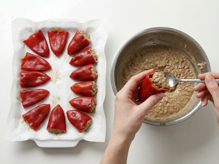 Pimientos rellenos a la riojana, un plato con salsa para mojar pan