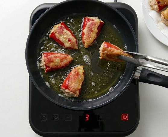 Pimientos rellenos a la riojana, un plato con salsa para mojar pan