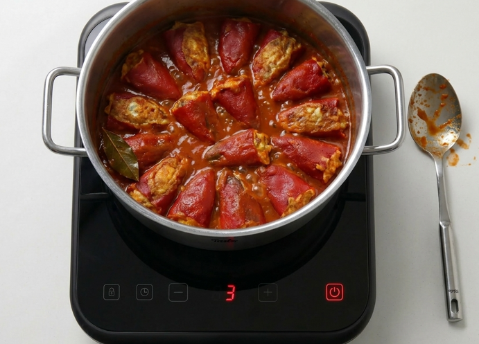 Pimientos rellenos a la riojana, un plato con salsa para mojar pan