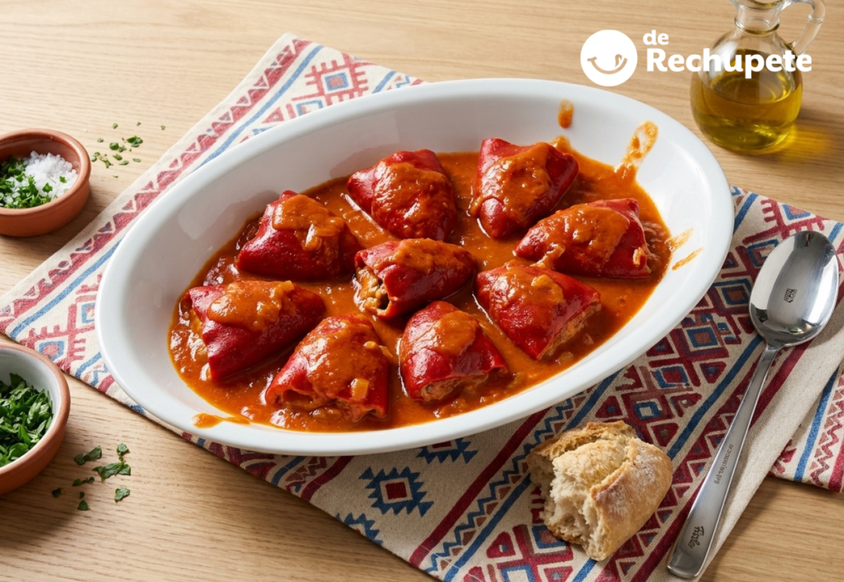 Pimientos rellenos a la riojana, un plato con salsa para mojar pan