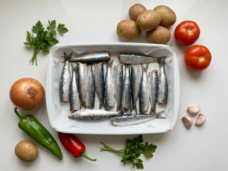 Sardinas a la portuguesa, al horno con patatas y verduras