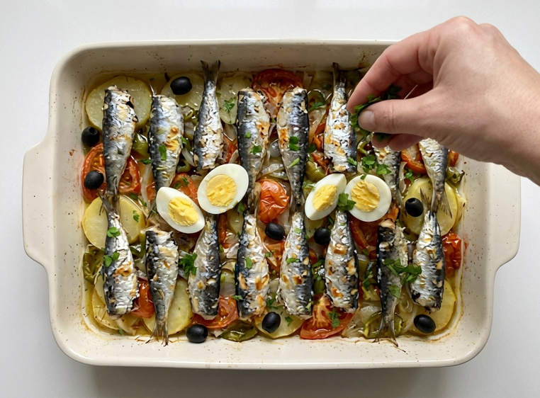 Sardinas a la portuguesa, al horno con patatas y verduras