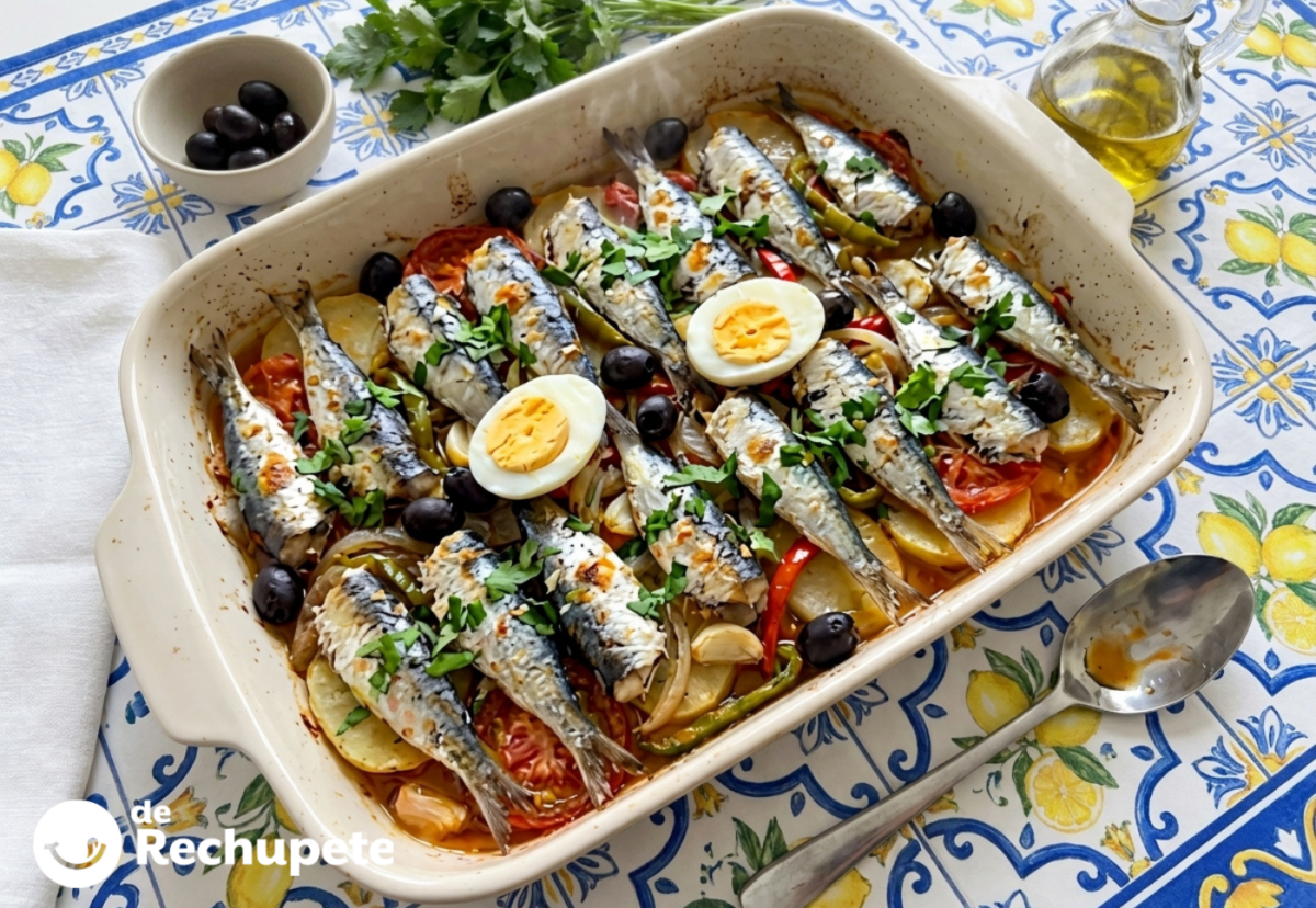 Sardinas a la portuguesa, al horno con patatas y verduras