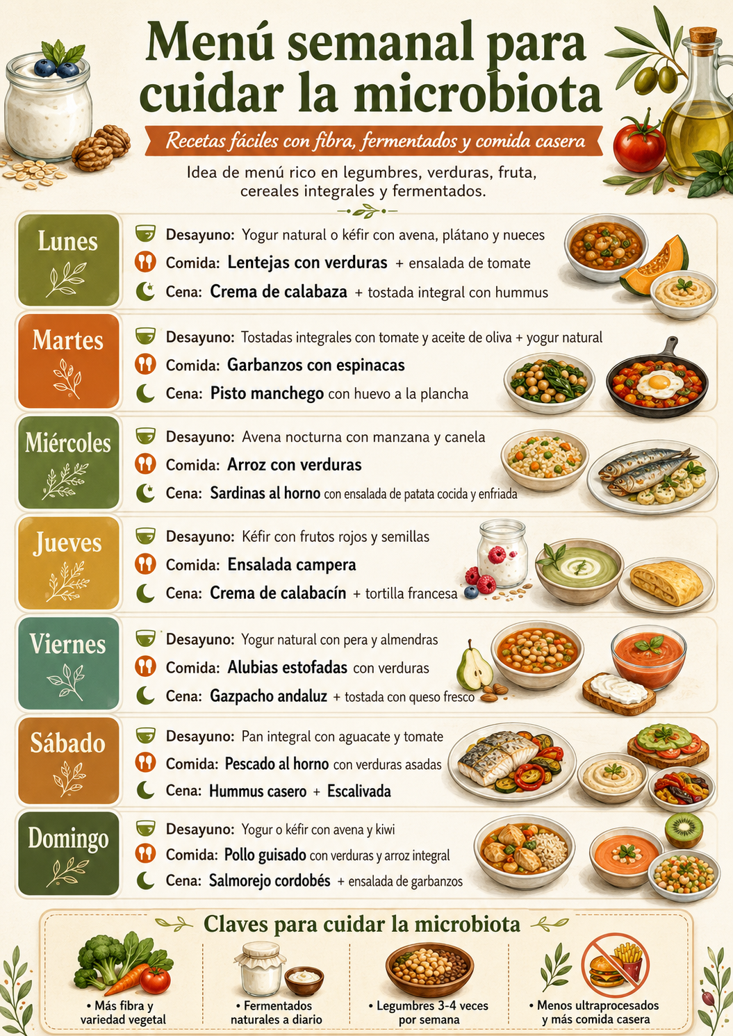 Menú semanal para cuidar la microbiota: recetas fáciles con fibra, fermentados y comida casera