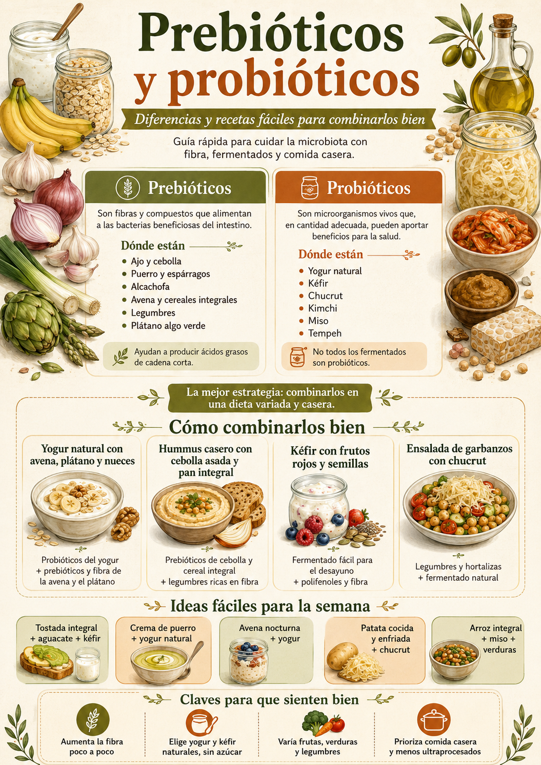 Prebióticos y probióticos: diferencias y recetas fáciles para combinarlos bien