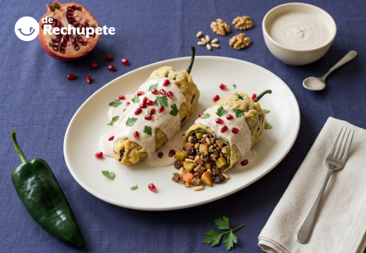 Chiles en nogada, receta poblana con picadillo, capeado y salsa de nuez