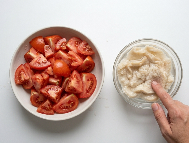 Crema fría de tomate y almendra, a medio camino entre el gazpacho y el ajoblanco
