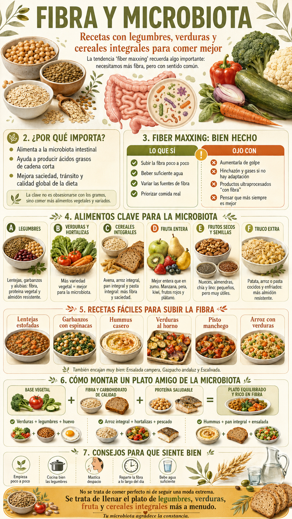 Fibra y microbiota: recetas con legumbres, verduras y cereales integrales para comer mejor