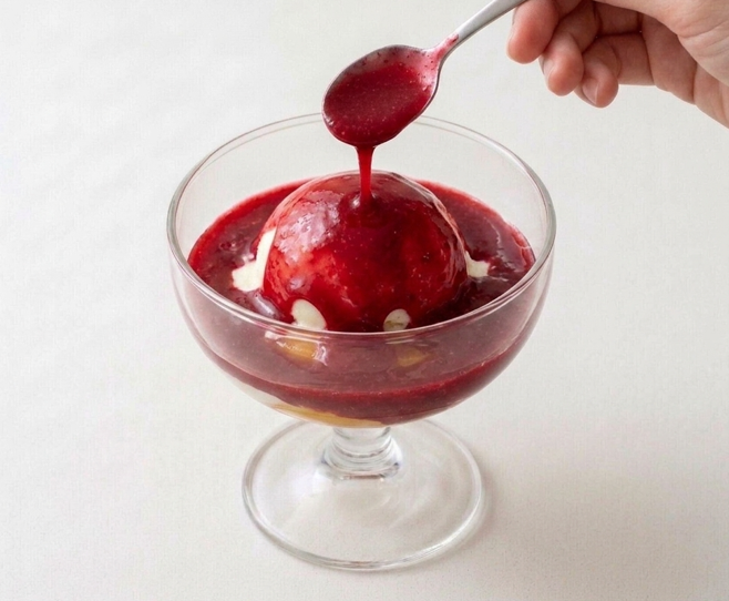 Peach Melba de Escoffier con montaje en copa, nata y frambuesas