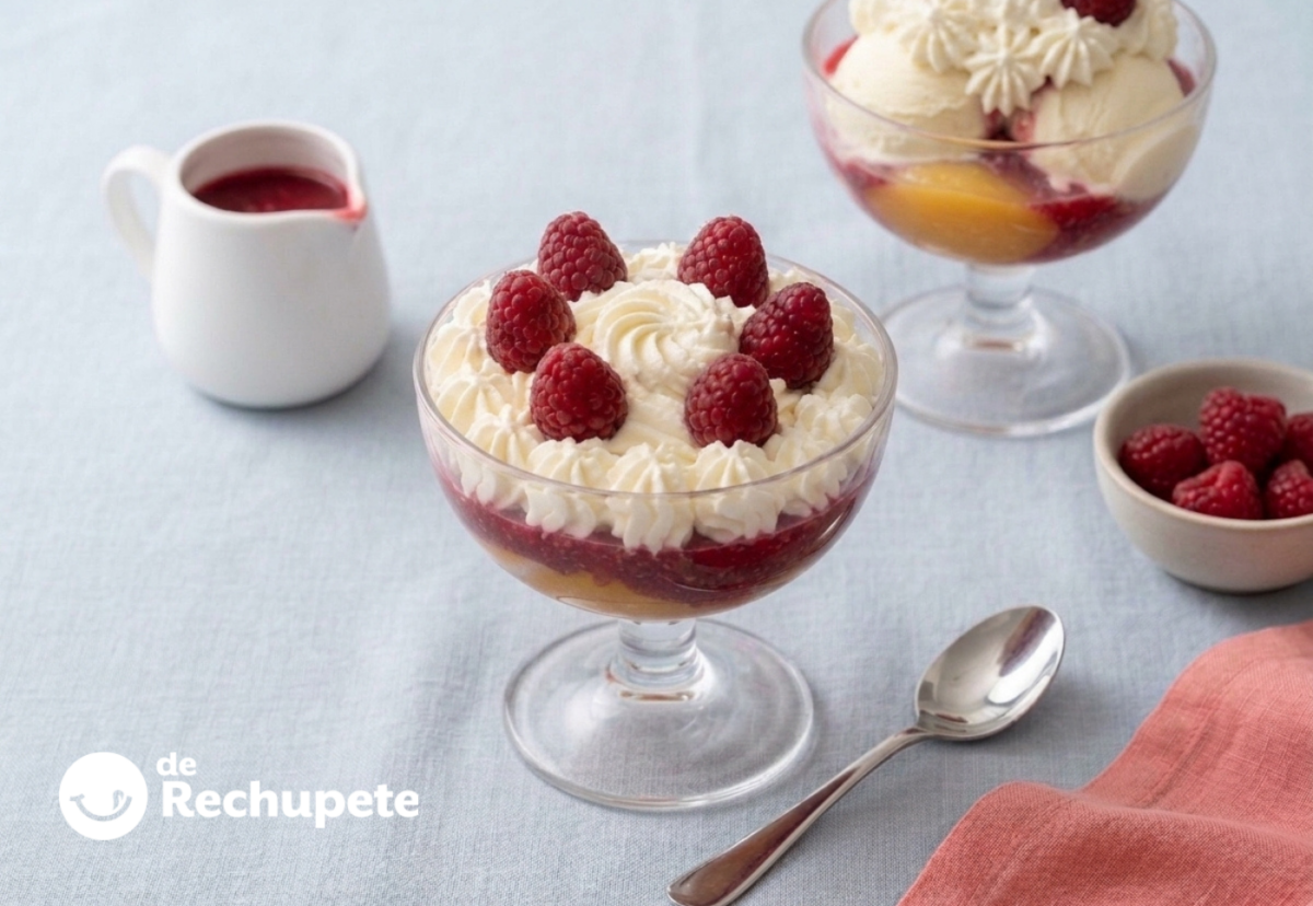 Peach Melba de Escoffier con montaje en copa, nata y frambuesas