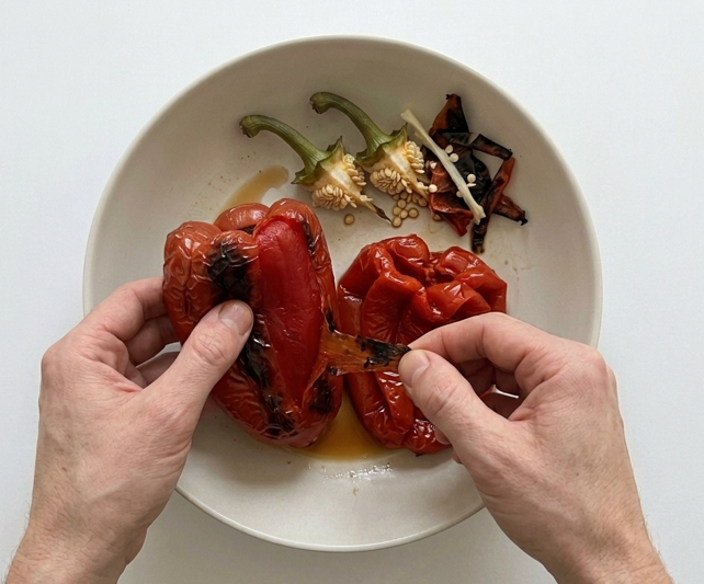 Sopa fría de tomate, pimiento asado y Jerez, sin pepino y con una textura muy fina