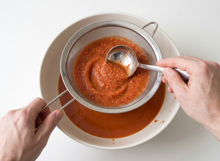 Sopa fría de tomate, pimiento asado y Jerez, sin pepino y con una textura muy fina
