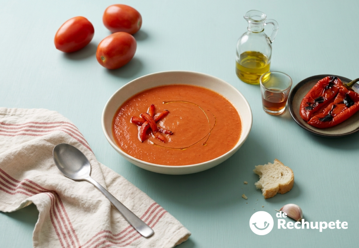 Sopa fría de tomate, pimiento asado y Jerez, sin pepino y con una textura muy fina