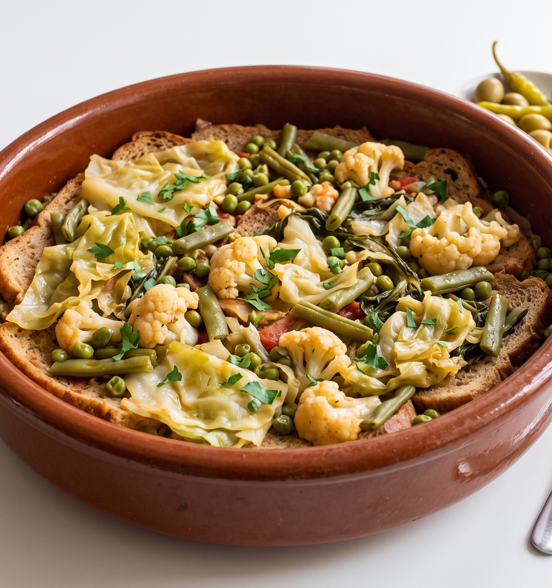 Sopes mallorquines, la sopa seca de verduras y pan que se come con tenedor