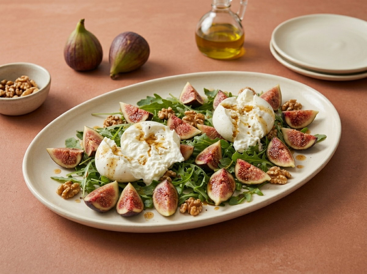 Ensalada de higos, burrata y nueces. El contraste entre fruta dulce, queso cremoso y frutos secos
