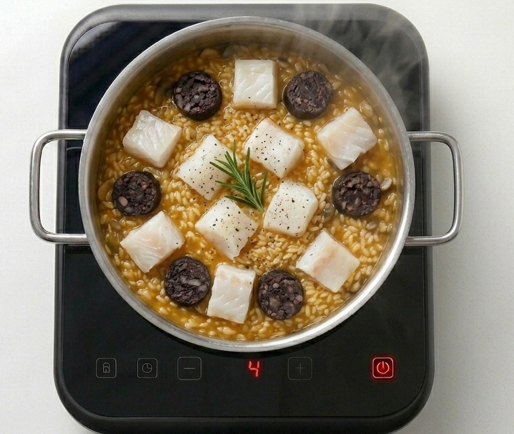 Arròs del paraigüer, arroz catalán de bacalao y butifarra negra