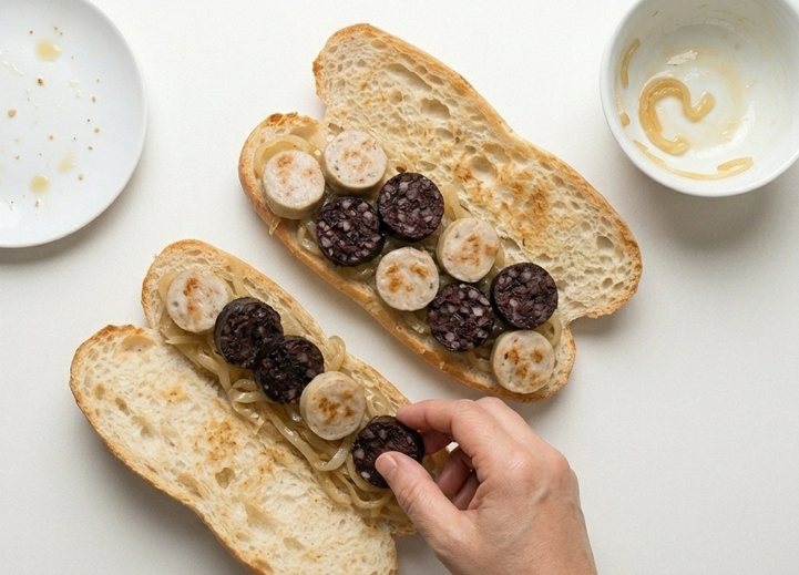 Bocadillo blanc i negre catalán, con botifarra blanca, negra y cebolla