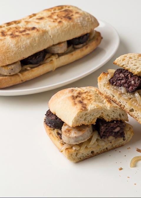 Bocadillo blanc i negre catalán, con botifarra blanca, negra y cebolla