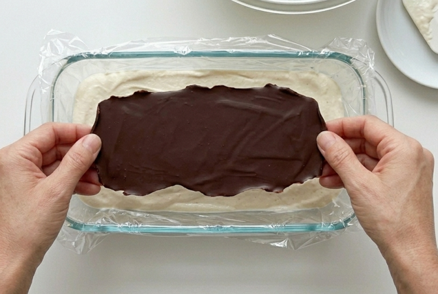 Tarta helada Comtessa o Viennetta casera, con láminas crujientes de chocolate