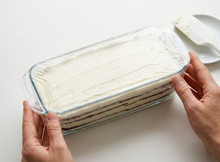 Tarta helada Comtessa o Viennetta casera, con láminas crujientes de chocolate