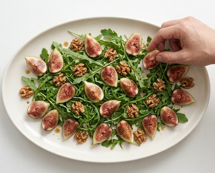 Ensalada de higos, burrata y nueces. El contraste entre fruta dulce, queso cremoso y frutos secos