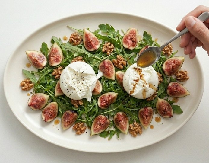 Ensalada de higos, burrata y nueces. El contraste entre fruta dulce, queso cremoso y frutos secos