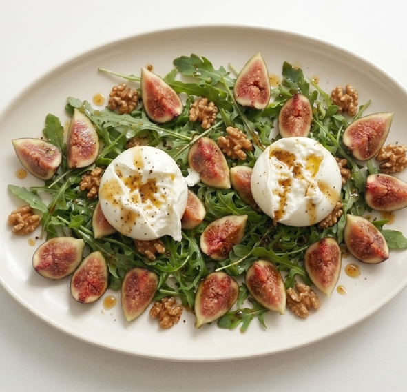 Ensalada de higos, burrata y nueces. El contraste entre fruta dulce, queso cremoso y frutos secos