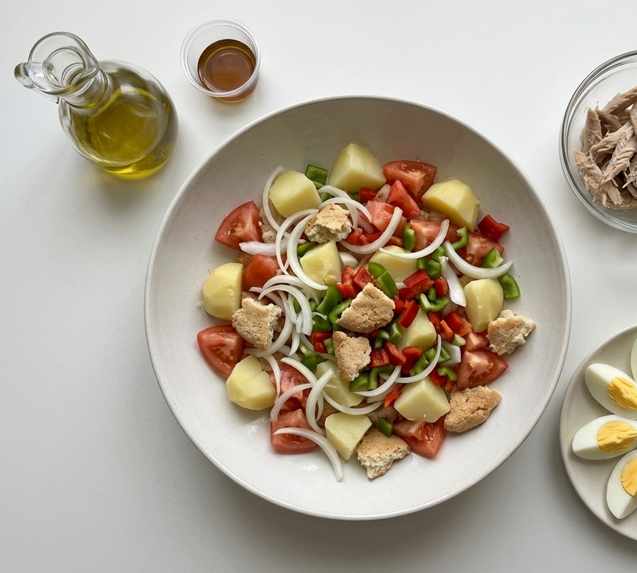 Ensalada payesa de Formentera, la versión tradicional con huevo y pimientos crudos