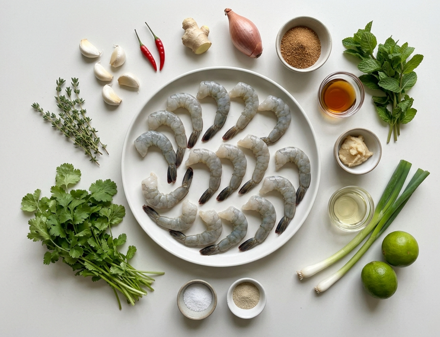 Gambas a la brasa con salsa shimi, humo, lima y hierbas frescas