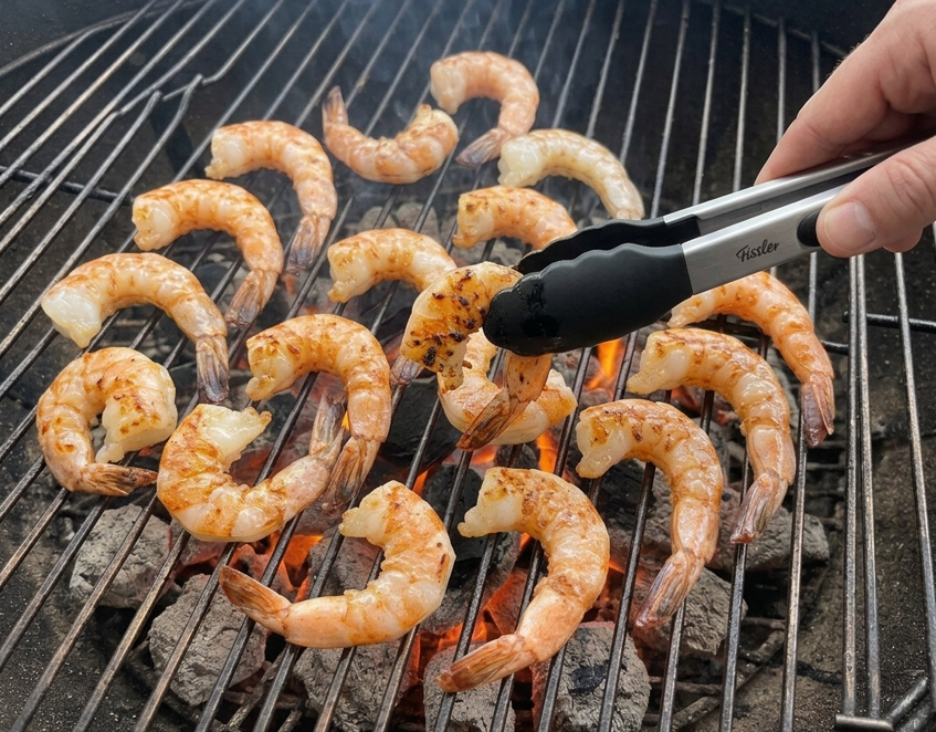 Gambas a la brasa con salsa shimi, humo, lima y hierbas frescas