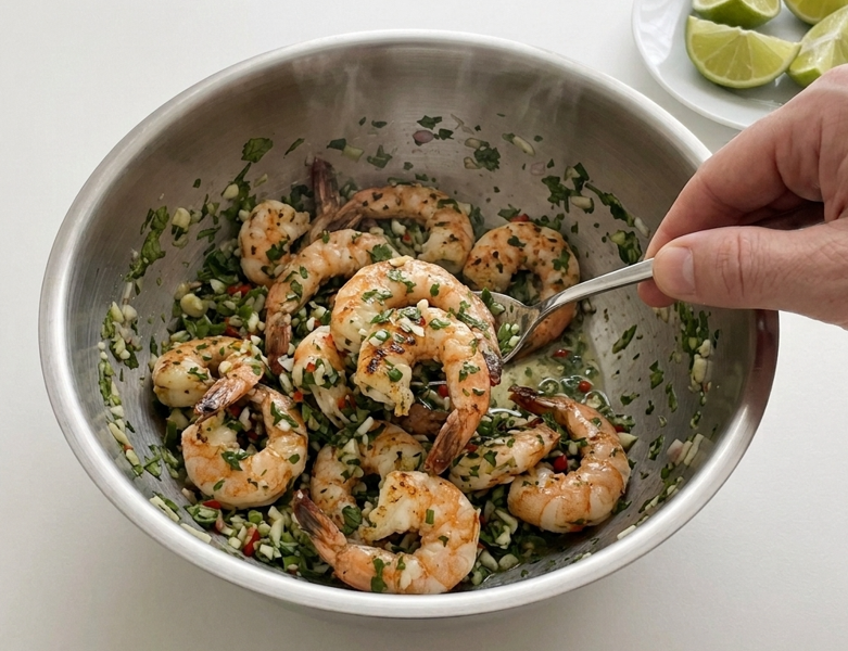 Gambas a la brasa con salsa shimi, humo, lima y hierbas frescas
