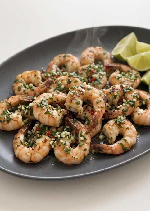 Gambas a la brasa con salsa shimi, humo, lima y hierbas frescas