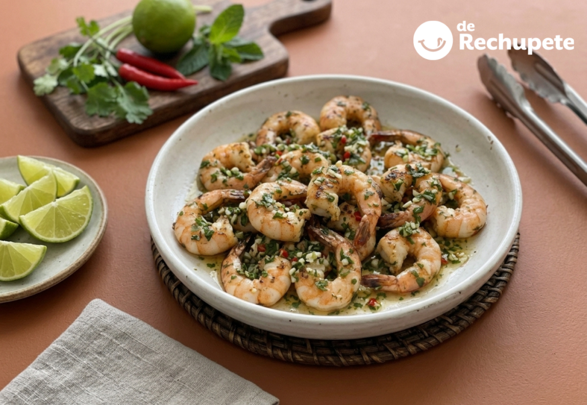 Gambas a la brasa con salsa shimi, humo, lima y hierbas frescas