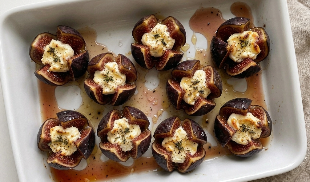 Higos asados con queso de cabra y miel, un entrante templado con contraste dulce y salado