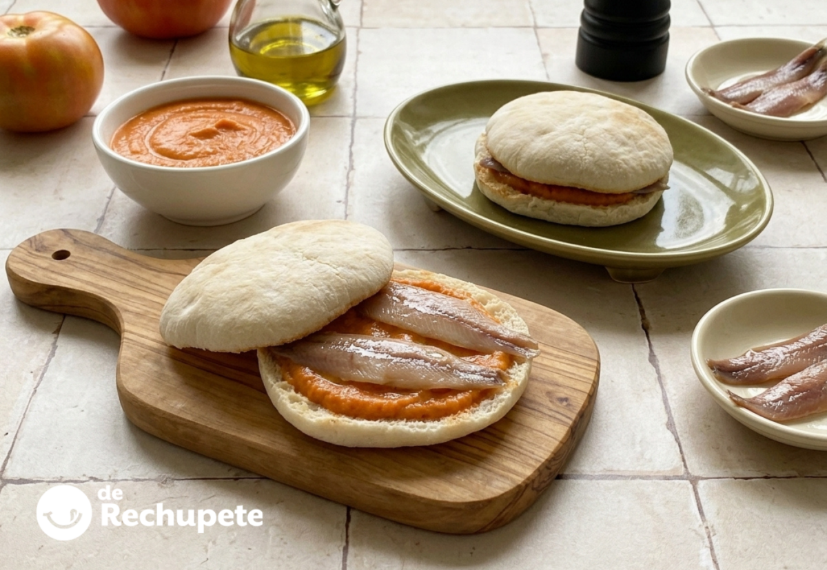 Mollete con salmorejo y sardinas anchoadas, cremoso, tostado y bien andaluz