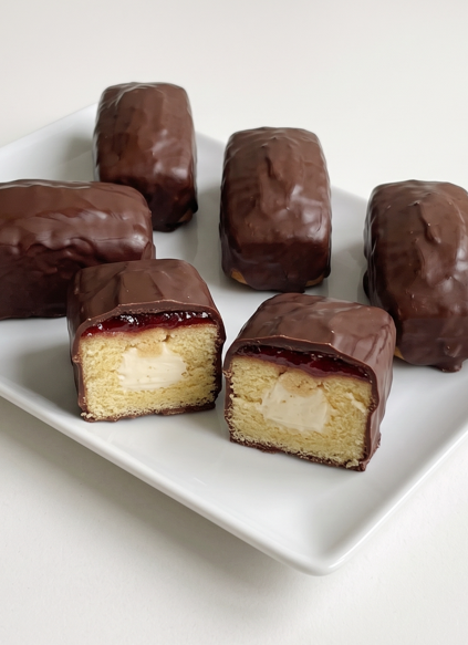 Pastelitos Bony caseros, con la crema dentro y la fresa bajo el chocolate