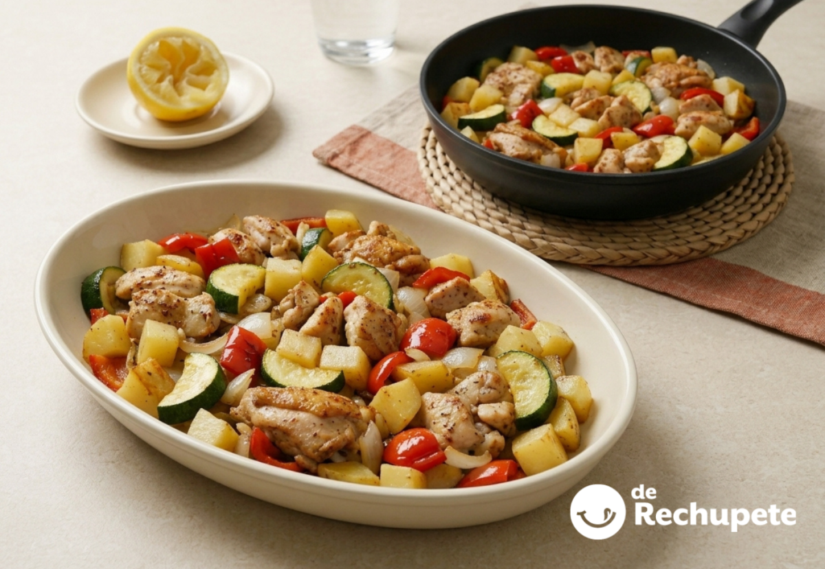 Pollo con verduras en una sola sartén. Cena fácil y completa