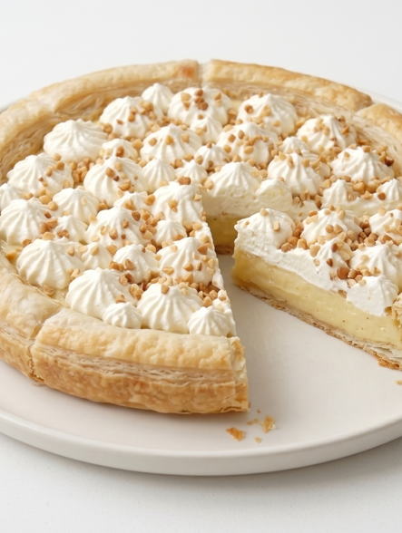 Tarta Regina de Salamanca, hojaldre crujiente con crema, nata y almendra