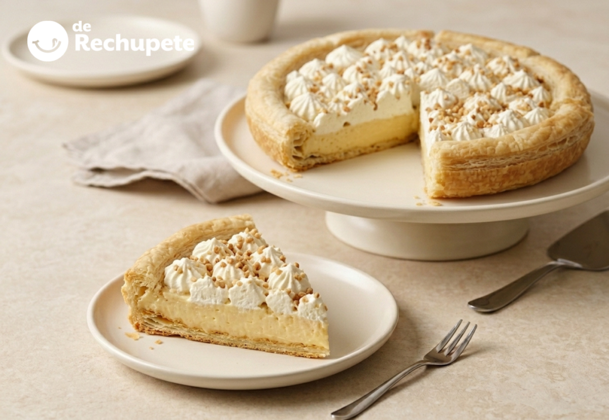 Tarta Regina de Salamanca, hojaldre crujiente con crema, nata y almendra