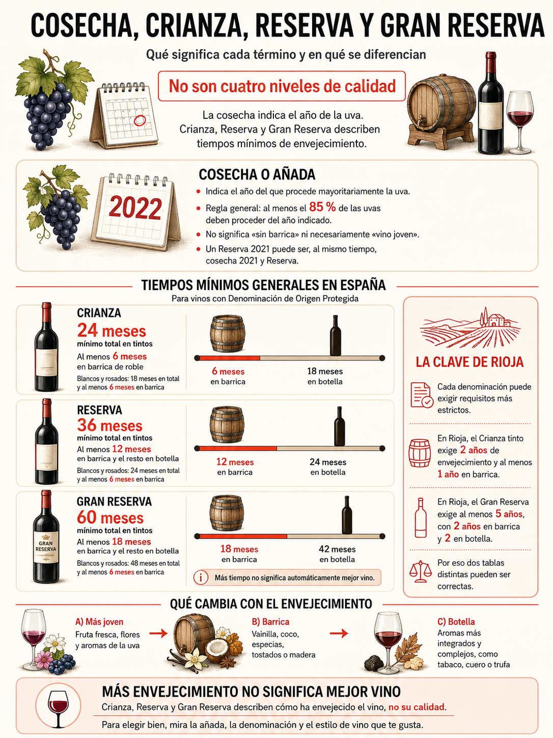 Vinos de cosecha, crianza, reserva y gran reserva: qué significa cada uno y en qué se diferencian