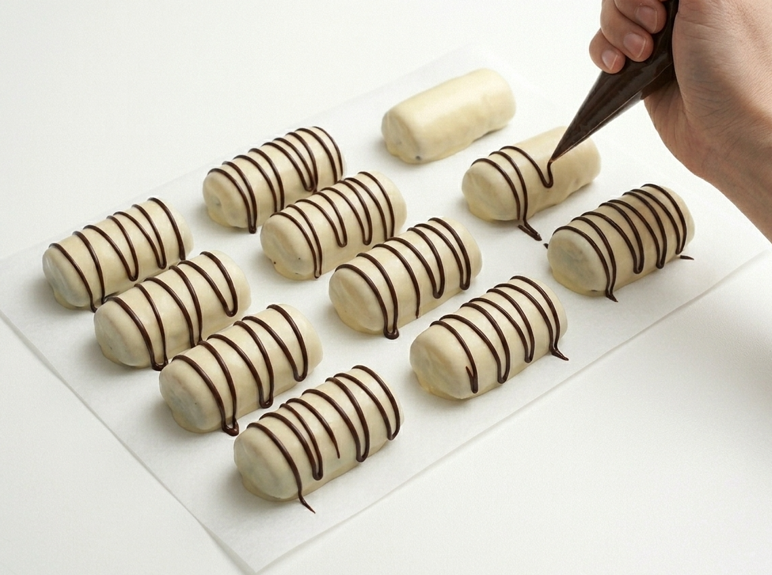 Zebras rellenas de cacao, con su cobertura blanca y las rayas de chocolate