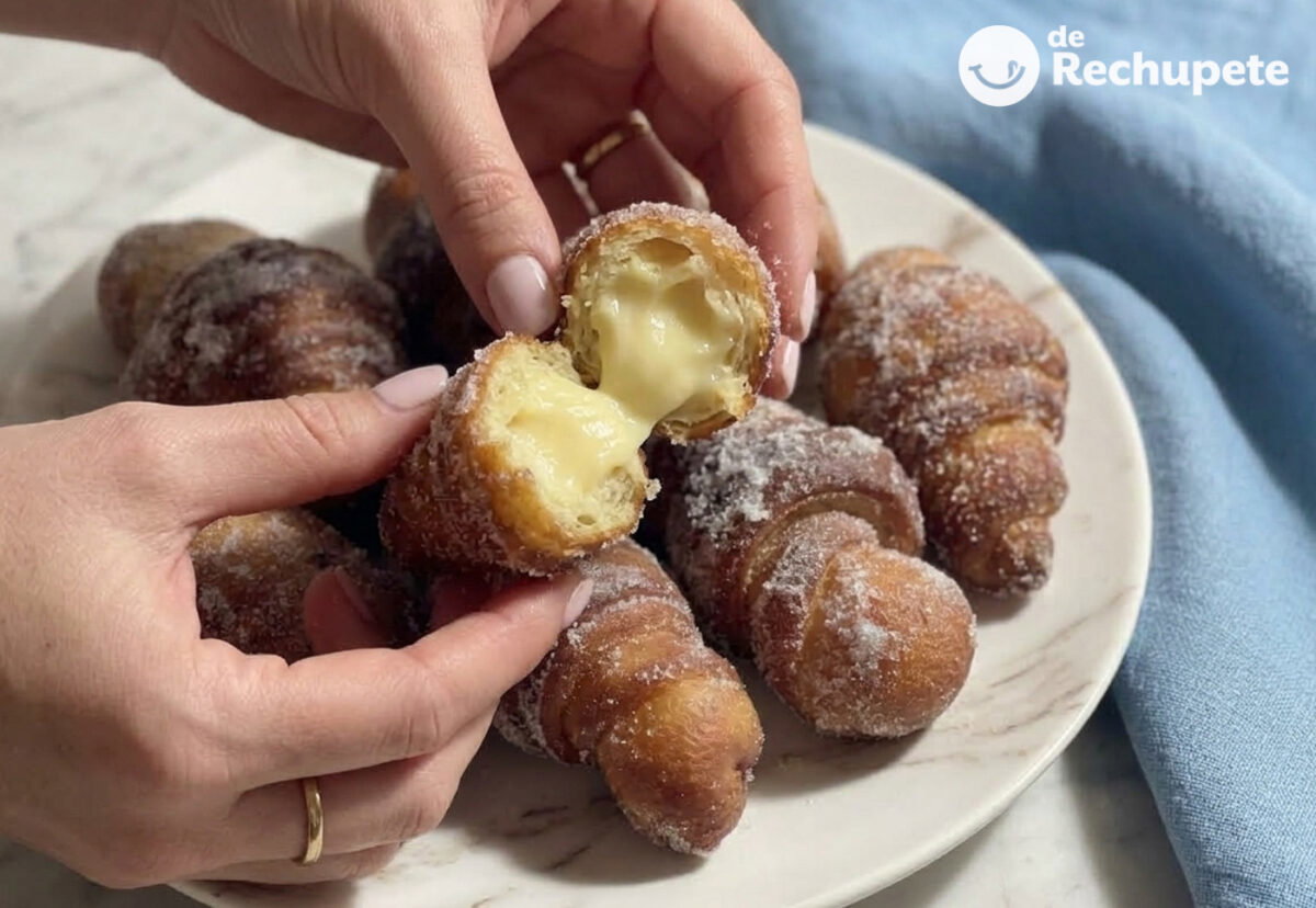 Xuxos de crema. Masa hojaldrada, frita y rellena de crema pastelera