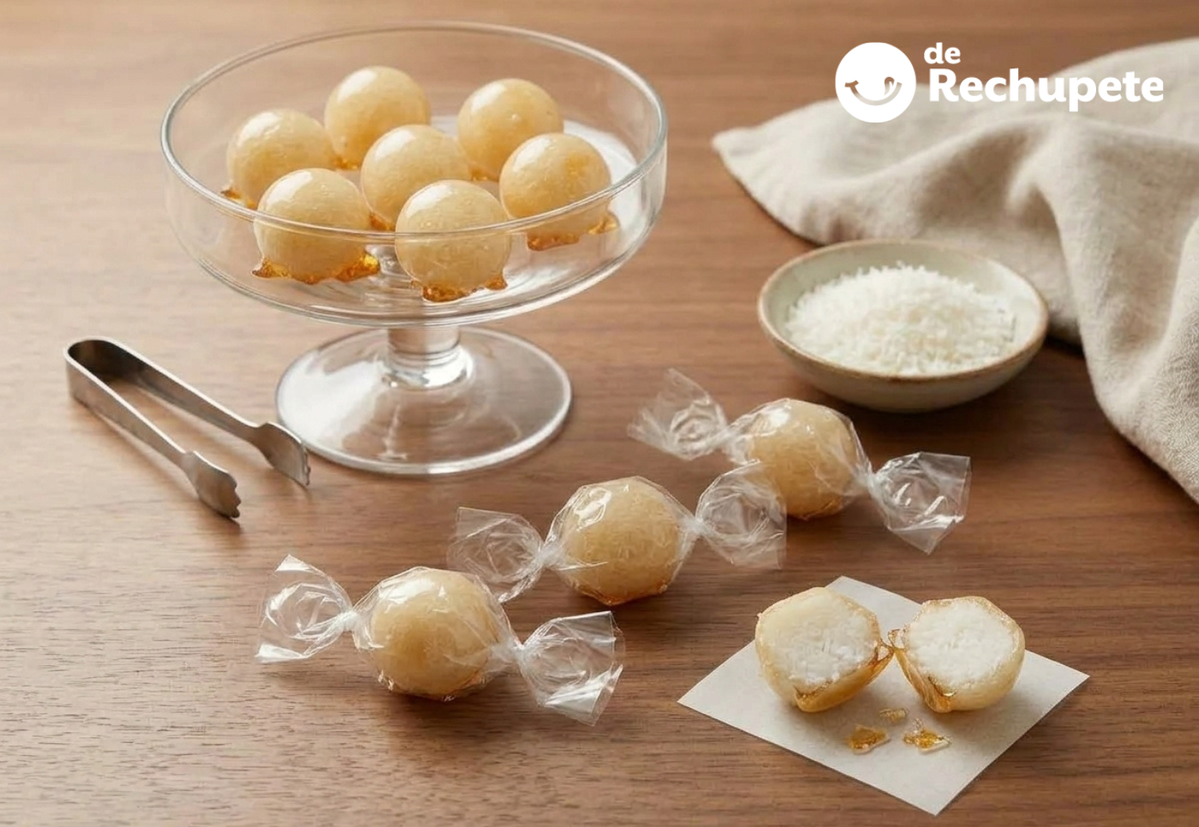 Bala baiana o bala de vidro. Dulce brasileño de coco con caramelo crujiente