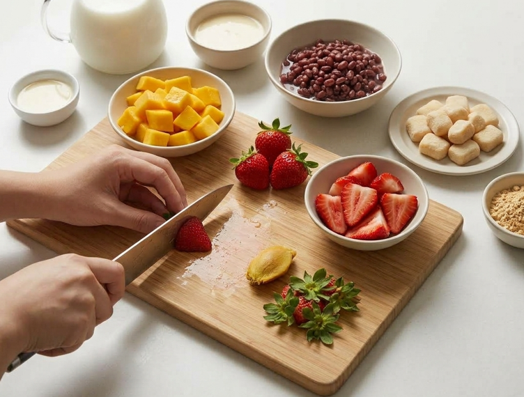 Bingsu coreano (patbingsu), nieve de leche con judías rojas, fruta y tteok