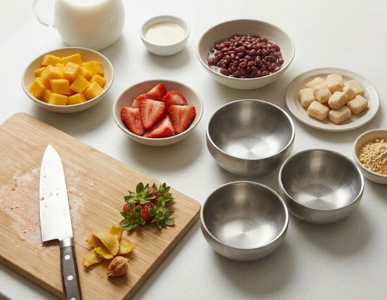 Bingsu coreano (patbingsu), nieve de leche con judías rojas, fruta y tteok