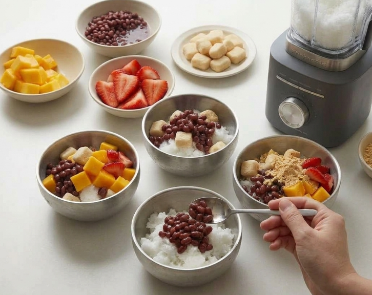 Bingsu coreano (patbingsu), nieve de leche con judías rojas, fruta y tteok