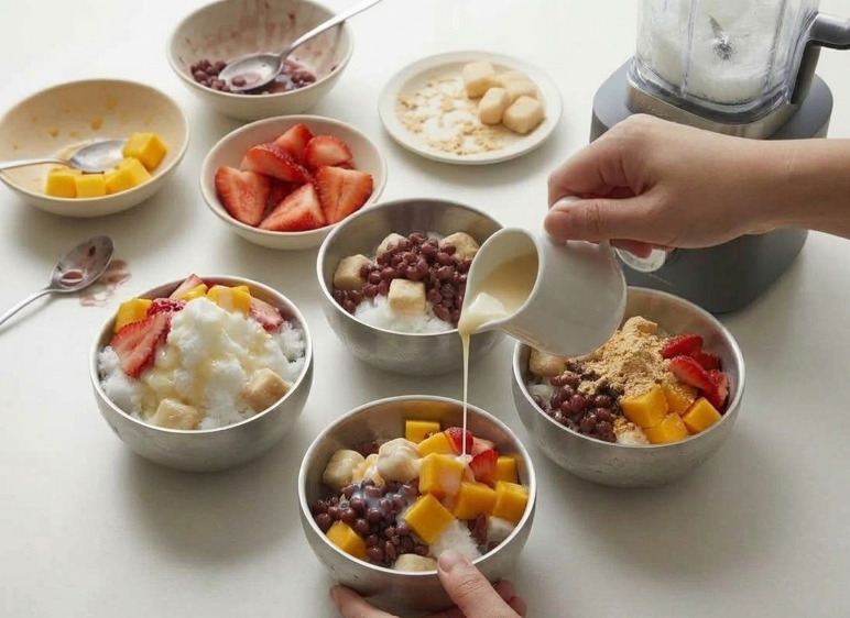 Bingsu coreano (patbingsu), nieve de leche con judías rojas, fruta y tteok