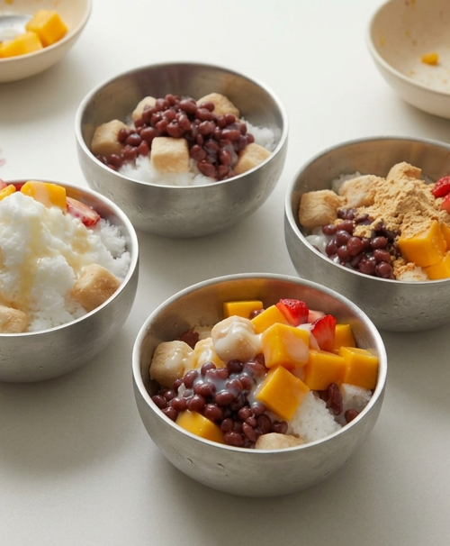Bingsu coreano (patbingsu), nieve de leche con judías rojas, fruta y tteok