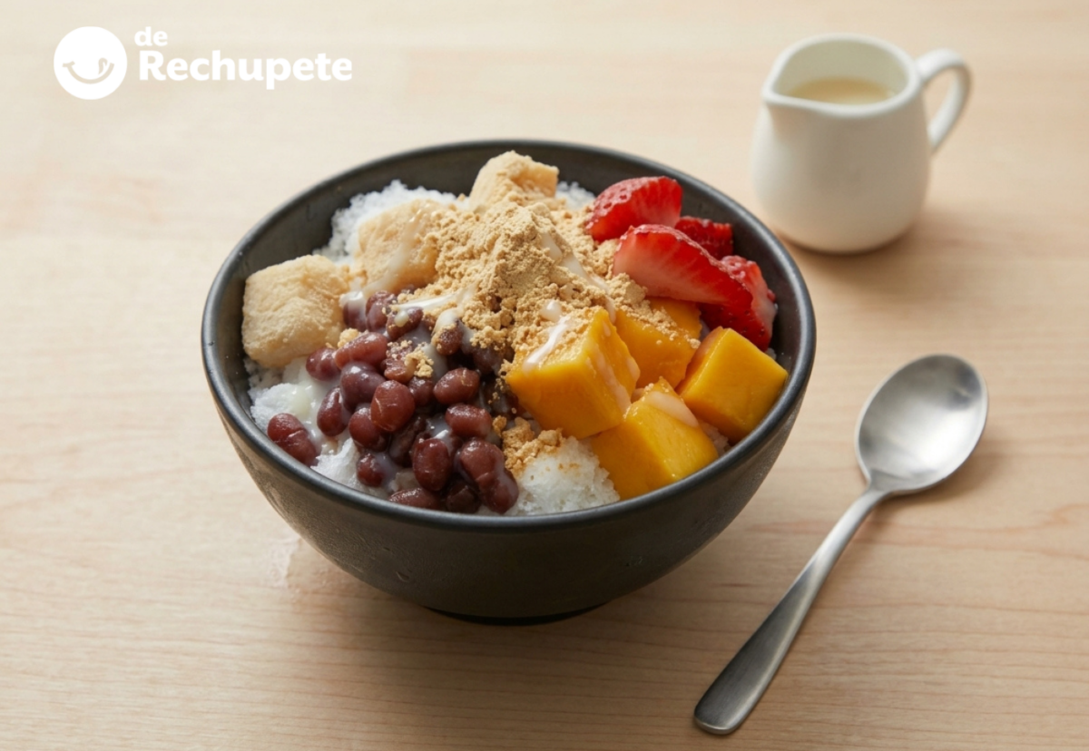 Bingsu coreano (patbingsu), nieve de leche con judías rojas, fruta y tteok