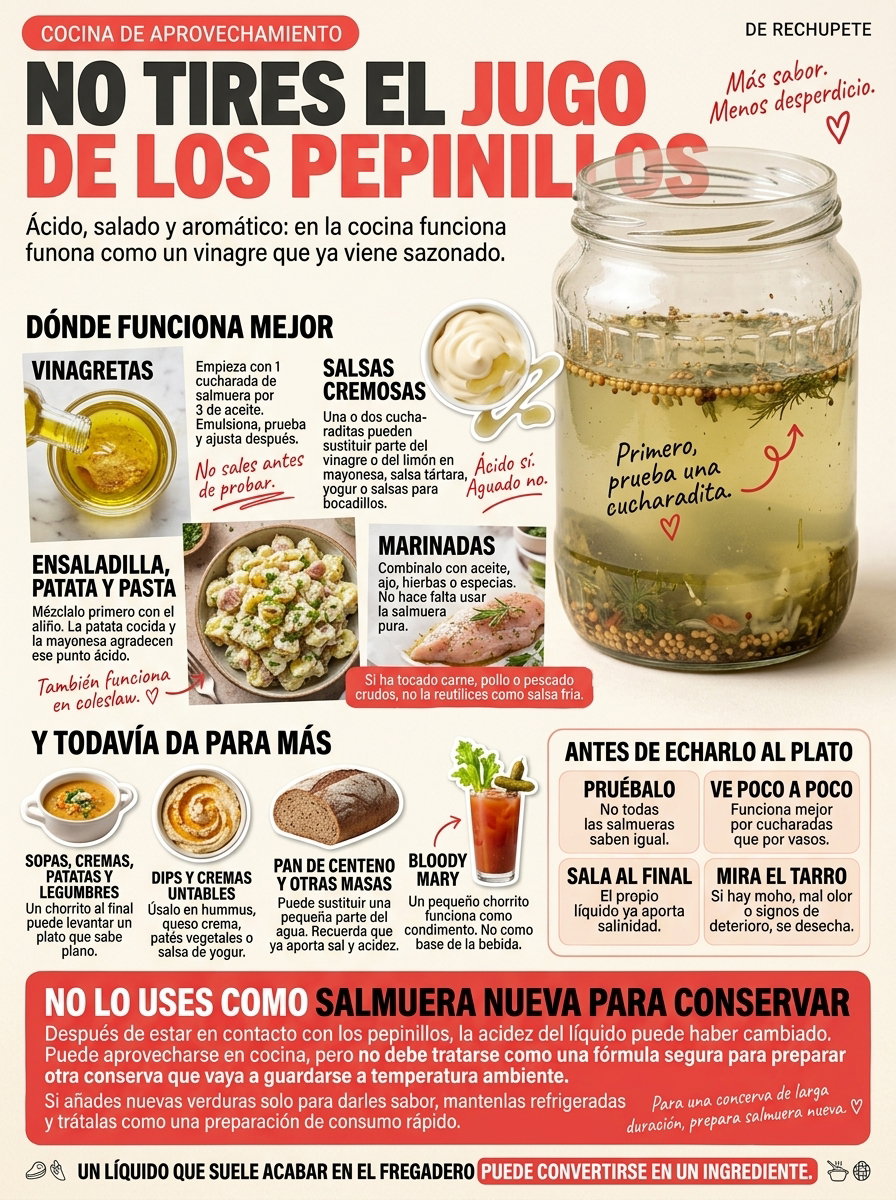 Cómo aprovechar el jugo de los pepinillos: ideas para usar la salmuera en cocina